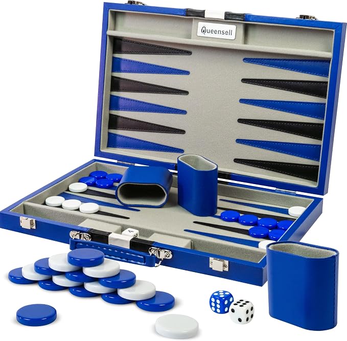 Backgammon Sets for Adults – 15-Inch PU Leather Board Game – Classic 2-Player by Queensell