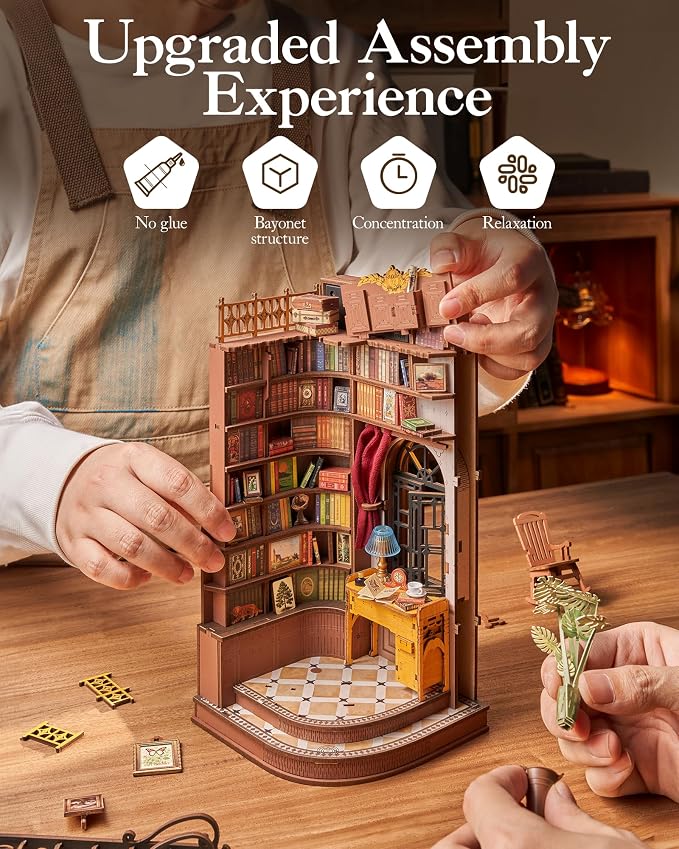 ROBOTIME Book Nook Kit, DIY Miniature House Kit, 3D Wooden Puzzle Bookends - Image 8