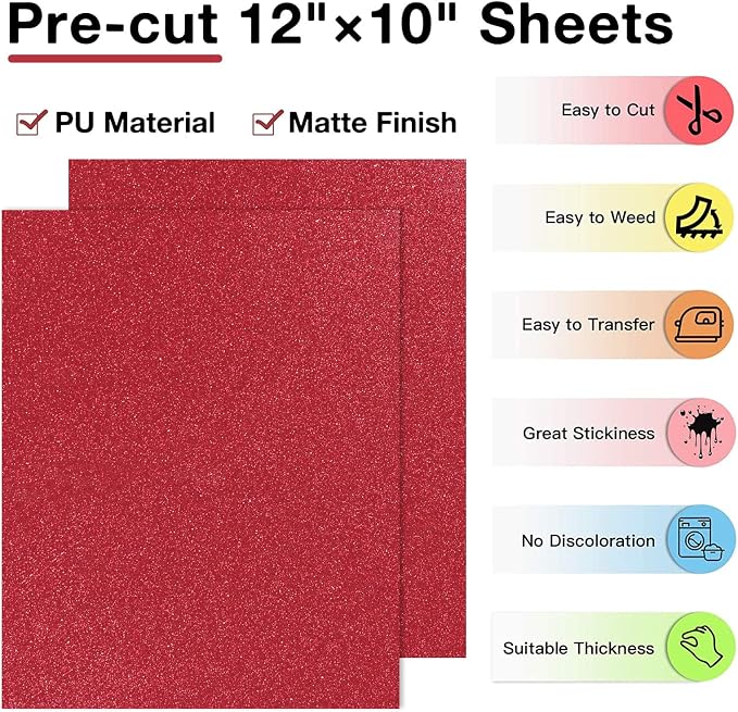 HTVRONT Red Glitter HTV Heat Transfer Vinyl Bundle: 13 Pack 12" x 10" Iron on - Image 2