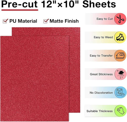 HTVRONT Red Glitter HTV Heat Transfer Vinyl Bundle: 13 Pack 12" x 10" Iron on - Image 2