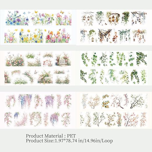 6 Rolls PET Tape Stickers, Plant Washi Tape - Image 3