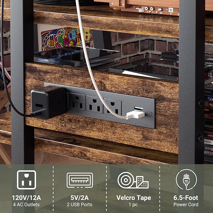 AV Media Stand with Outlets, Media Console with LED Lights, Stereo Racks and - Image 7