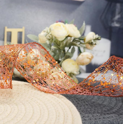 CT CRAFT LLC Sparkling Glitter Mesh Wired Ribbon 2.5" x 10 Yards Bronze Orange - Image 5