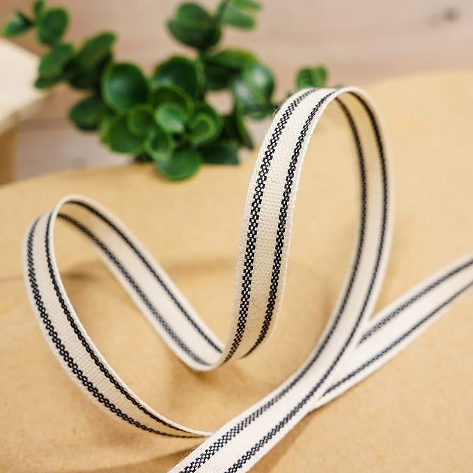 CT CRAFT LLC Ivory Cotton Black Stripes Ribbon 3/8" x 10 Yards - Image 4