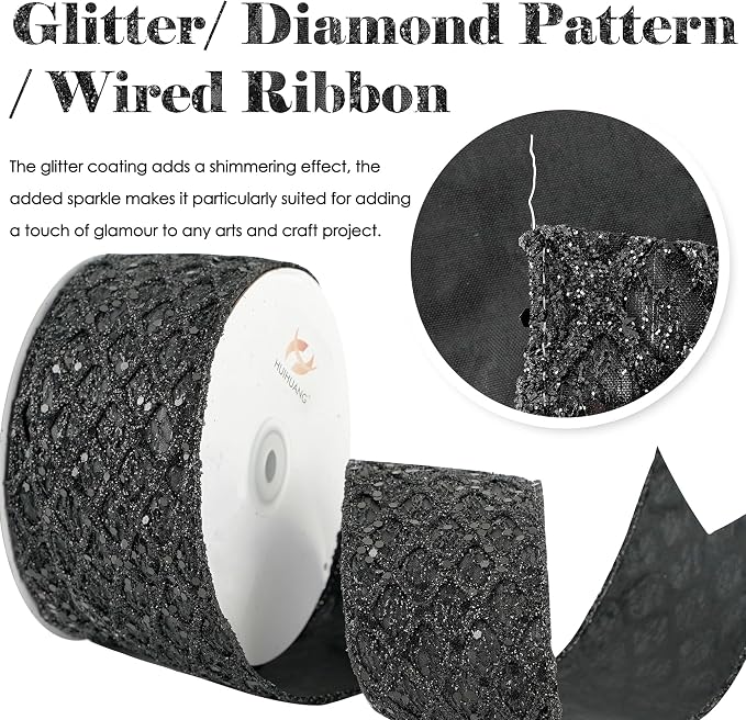 HUIHUANG Glitter Black Wired Ribbon - Image 2