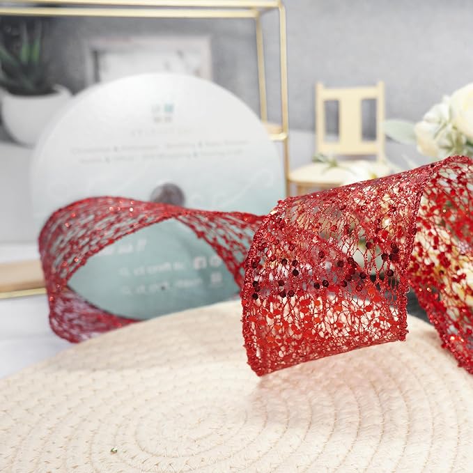 CT CRAFT LLC Sparkling Glitter Mesh Wired Ribbon 2.5" x 20 Yards Red - Image 7