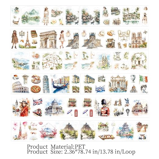 6 Rolls PET Tape Stickers for Scrapbook Supplies, Self-Adhesive Travel Theme - Image 3