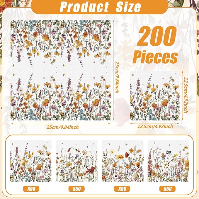 Fulmoon 200 Pieces Fall Floral Cocktail Napkins Disposable Autumn Flower - Image 2