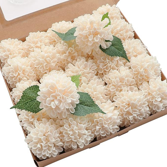 Floroom Artificial Dahlia Flowers 25pcs Real Looking Cream Foam Fake Roses by Floroom