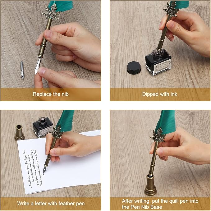 AHIER Quill Pen and Ink Set, Feather Pen Quill Pen Set Includes 5 Steel - Image 5