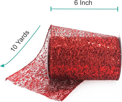 CT CRAFT LLC Sparkling Glitter Mesh Wired Ribbon 6" x 10 Yards Red - Image 2