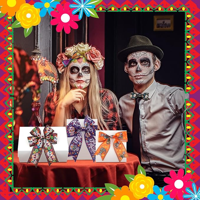 12 Rolls 60 Yards Day of The Dead Wired Edge Ribbons Black Purple Sugar Skull - Image 6