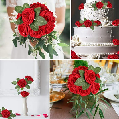 AmyHomie Artificial Flower Dark Red Rose 25pcs Real Looking Fake Roses w/Stem - Image 6
