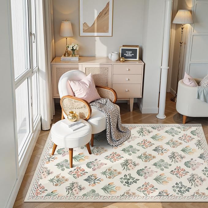 Wonnitar Nursery Rug for Baby Girl, Washable Moroccan Floral 5x7 Rug, - Image 3