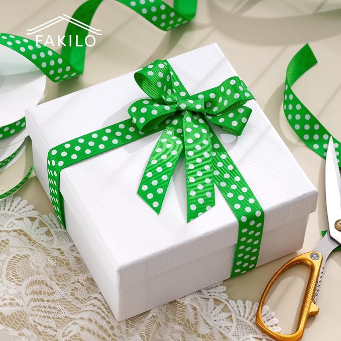 Polka Dot Grosgrain Ribbon 5/8 Inch, 25 Yards Spool Green and White Polka Dot - Image 3