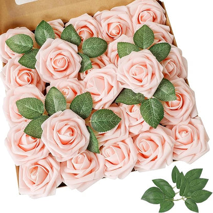 AmyHomie Artificial Flower Blush Pink Rose 25pcs Real Looking Fake Roses w/Stem by AmyHomie