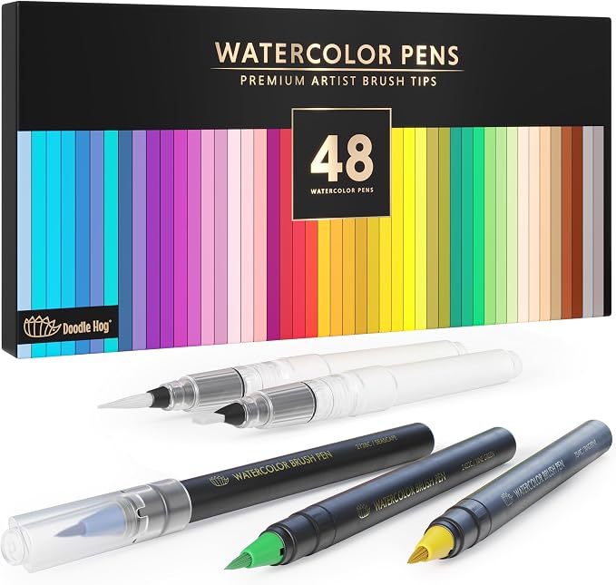 DOODLE HOG 48 Premium Watercolor Pens +2 Highly Blendable Markers, Real Brush by DOODLEHOG