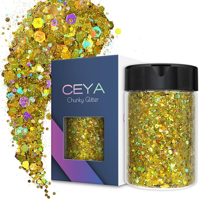 Ceya Holographic Chunky Glitter, 4.9oz/ 140g Cyan Gold Craft Glitter Powder by CEYA