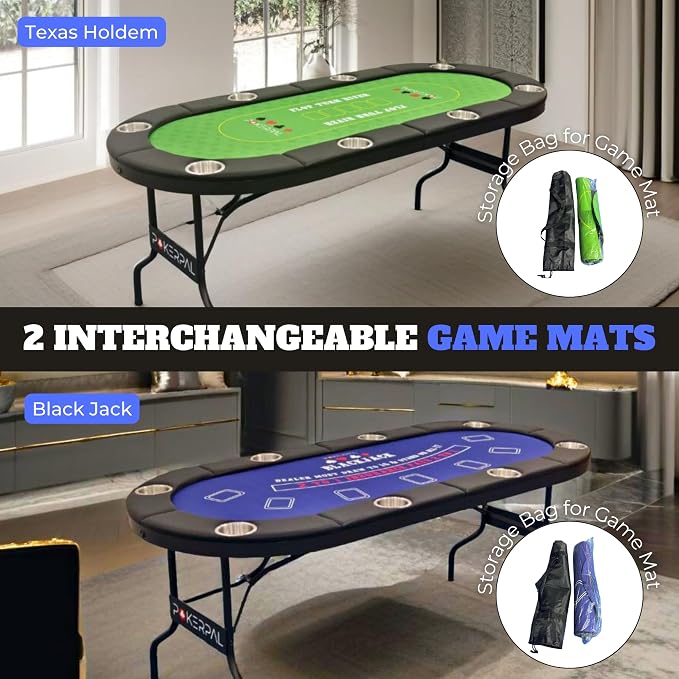 8 Player Poker Table with 2 Interchangeable Game mats, Texas Holdem Poker and - Image 3