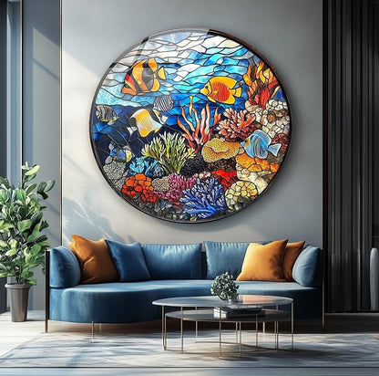 My Photostation.com 10'' Diameter Coral Reef Mosaic Round Glass Wall Art - Image 3