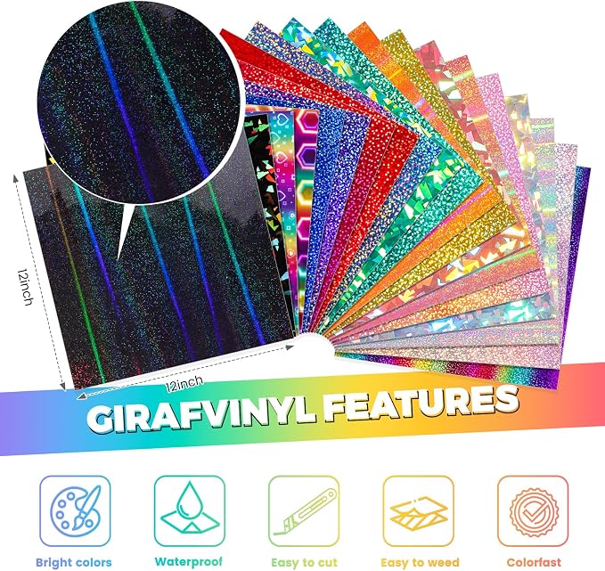 GIRAFVINYL Glitter Holographic Vinyl Bundle, Rainbow Holographic Permanent - Image 3