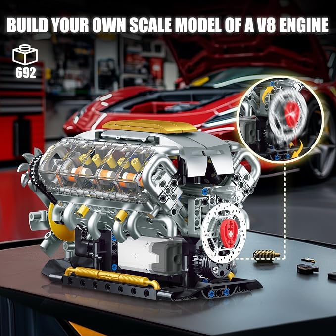 V8 Engine Building Kit for Adults, Build Your Own MOC Mini V8 Engine Model Toy - Image 6