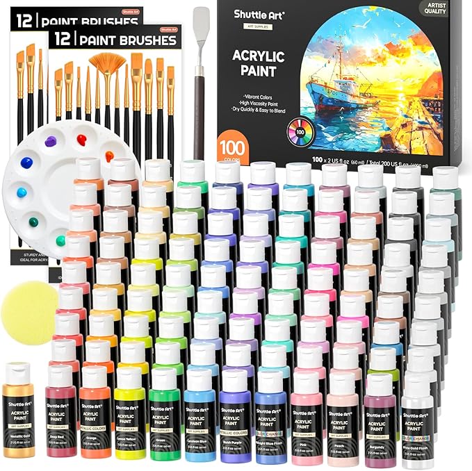 Shuttle Art 100 Colors Acrylic Paint, 2oz/60ml Bottles, Include 2 Sets of 12 by ShuttleArt