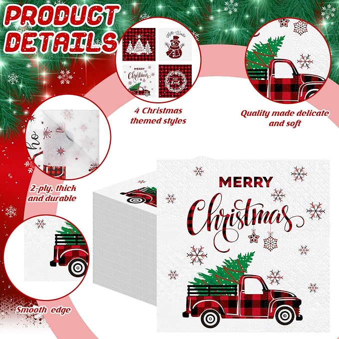 Janlaugh 200 Pcs Christmas Paper Cocktail Napkins Disposable 2 Ply Xmas Style - Image 3
