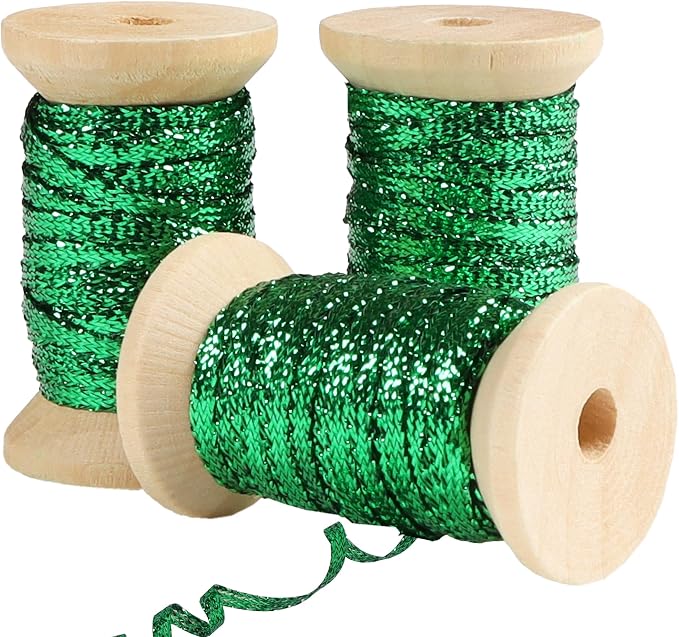 Christmas Green Thin Ribbon 1/8 inch Metallic Braided Double Faced Ribbons by Unknown