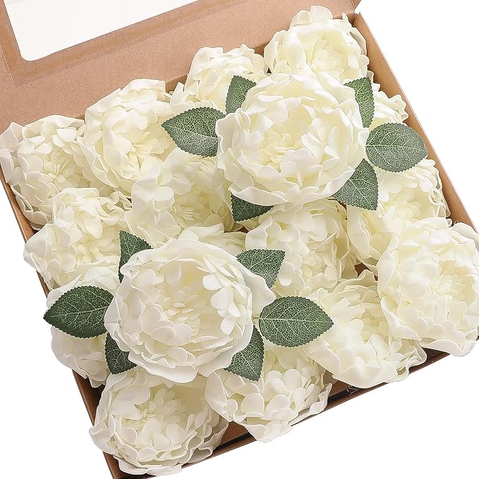 Floroom Artificial Flowers 16pcs 4" Ivory Blooming Peonies Real Looking Foam by Floroom