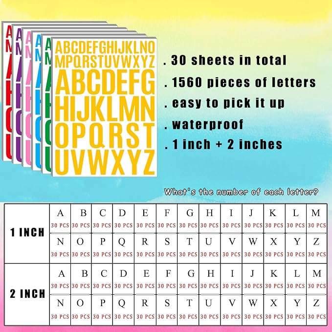 Bemeol Letter Stickers 1560 Pieces 30 Sheets Stick on Vinyl Letters Capital - Image 2