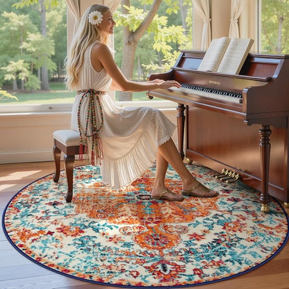 Lahome Washable Round Rugs 5'3"ft, Bohemian Orange Circle Rugs - Image 2