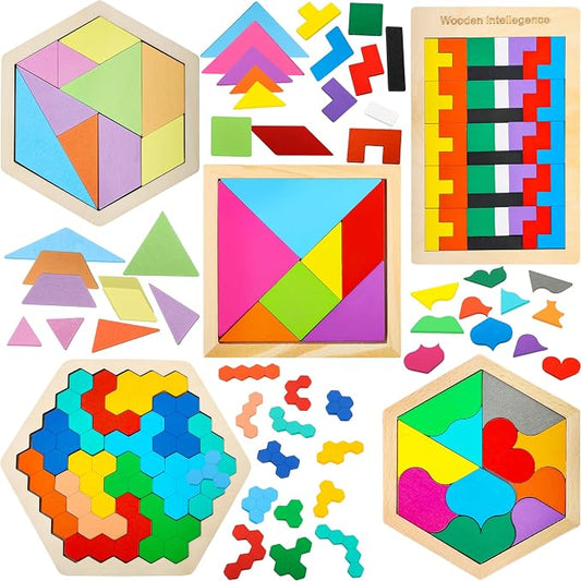 5 Pack Wooden Tangrams Puzzle Set Wooden Hexagon Puzzle Wood Russian Blocks by Swakuta