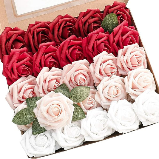 Floroom Artificial Flowers 25pcs Real Looking Dark Red Ombre Colors Foam Fake by Floroom
