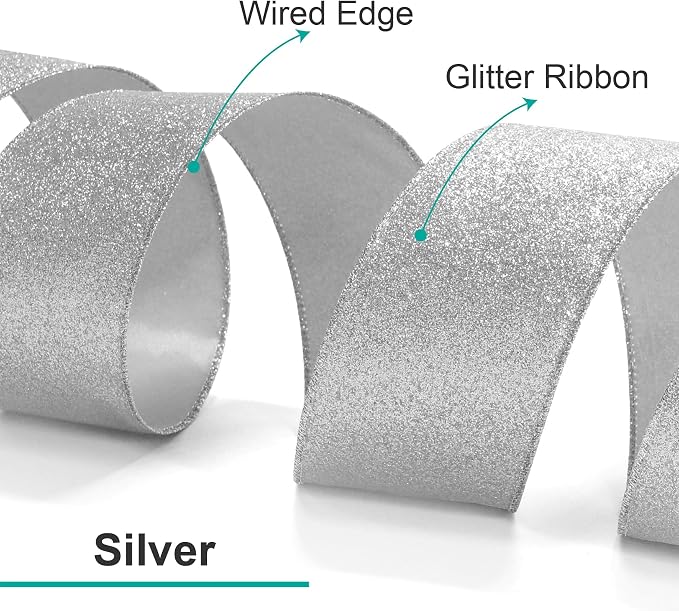 CT CRAFT LLC Glitter Wired Ribbon 2.5" x 20 Yards Silver - Image 3
