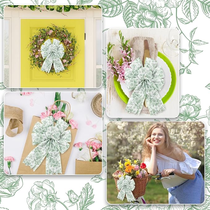 AnyDesign Floral Wired Edge Ribbon Roll Green Flower Ribbon Chinoiserie Fabric - Image 6