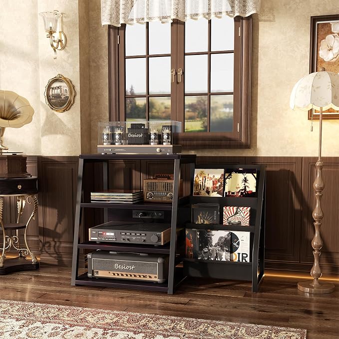 AV Media Stand with Outlets, Stereo Stands and Racks with Vinyl Storage - Image 2