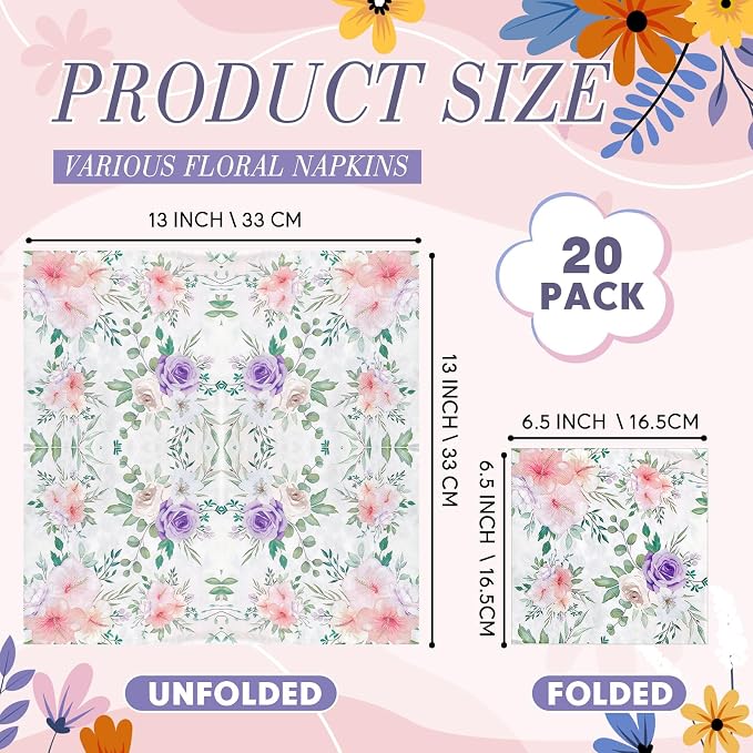 Crtiin 20 Pack Assorted Floral Napkins - Image 2