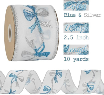 MEEDEE Blue & Silver Christmas Ribbon, 2.5 Inch Wired Satin Ribbon - Image 2