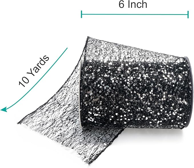 CT CRAFT LLC Sparkling Glitter Mesh Wired Ribbon 6" x 10 Yards Black - Image 2