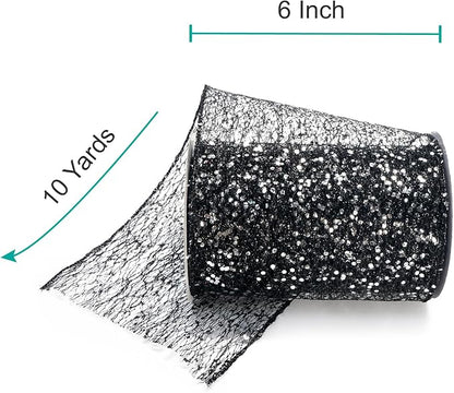 CT CRAFT LLC Sparkling Glitter Mesh Wired Ribbon 6" x 10 Yards Black - Image 2