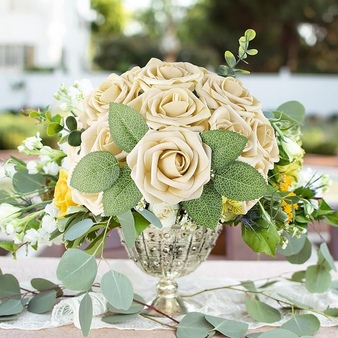 AmyHomie 25pcs Real Looking Artificial Beige Roses w/Stem - Image 4