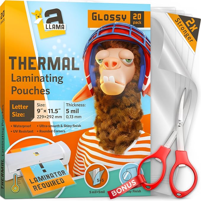 Thermal Laminating Pouches, 9 x 11.5 Inches, 5 Mil Thick, 20 Pack of Glossy by LaLlama