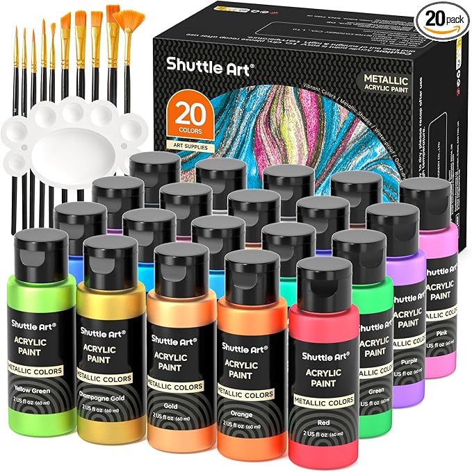 Shuttle Art Metallic Acrylic Paint Set, 20 Colors Metallic Paint in Bottles by ShuttleArt
