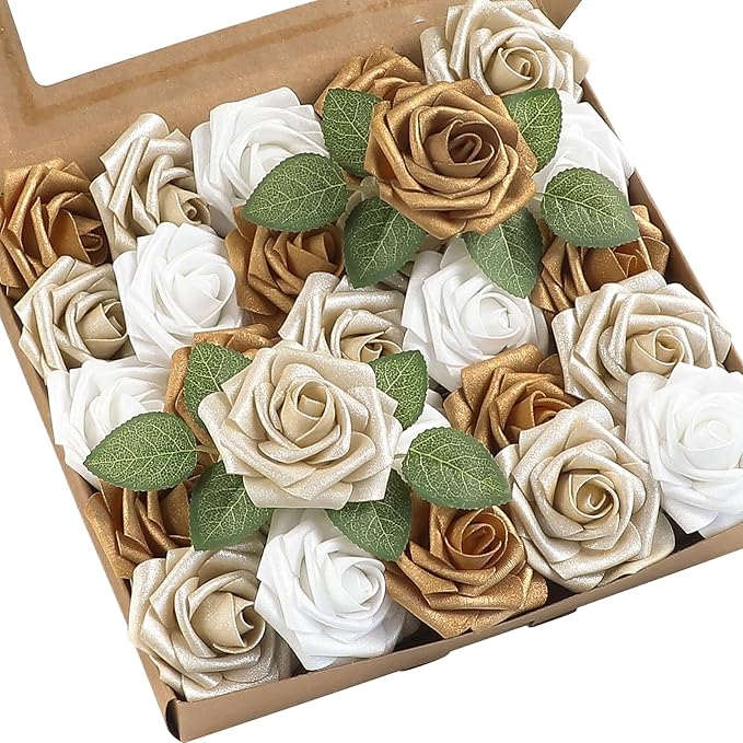Floroom Artificial Flowers 25pcs Real Looking Gold & Champagne Gold Foam Fake by Floroom