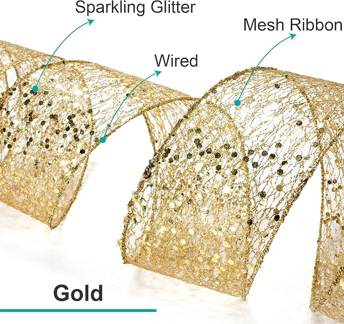 CT CRAFT LLC Sparkling Glitter Mesh Wired Ribbon 2.5" x 20 Yards Gold - Image 3