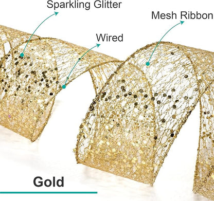 CT CRAFT LLC Sparkling Glitter Mesh Wired Ribbon 2.5" x 20 Yards Gold - Image 3