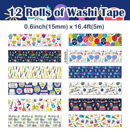 12 Rolls Happy Birthday Washi Tape, Colorful Cake Candles Masking Tapes - Image 2