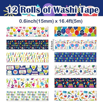 12 Rolls Happy Birthday Washi Tape, Colorful Cake Candles Masking Tapes - Image 2