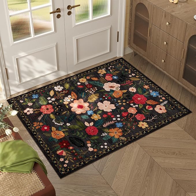 Rugcomf Door Mat Indoor Entrance 2x3 Rug Machine Washable Boho Floral Small by Rugcomf
